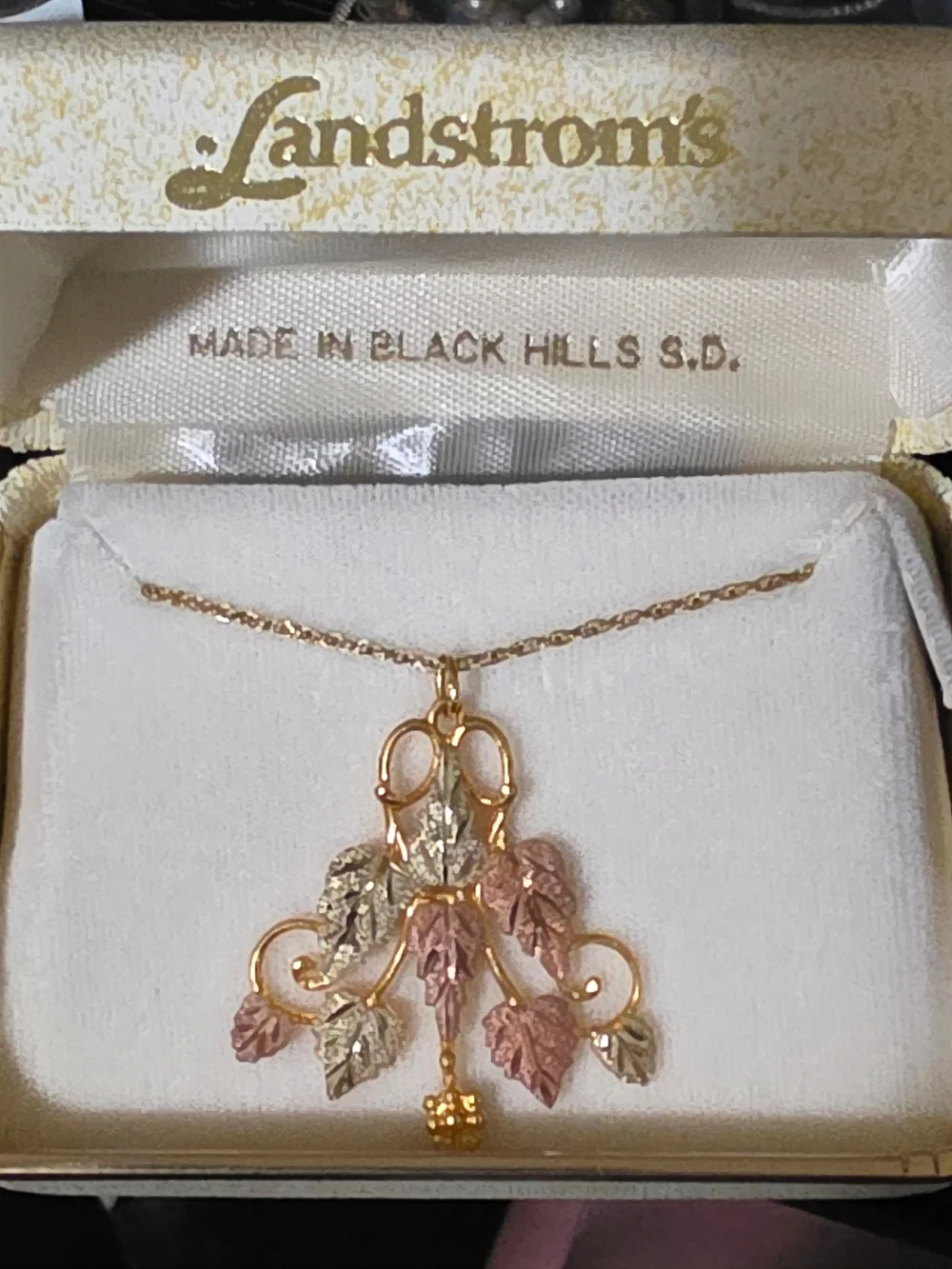 New old stock in original box. Vintage Black Hills Gold 10kt Large Grape Leaf &